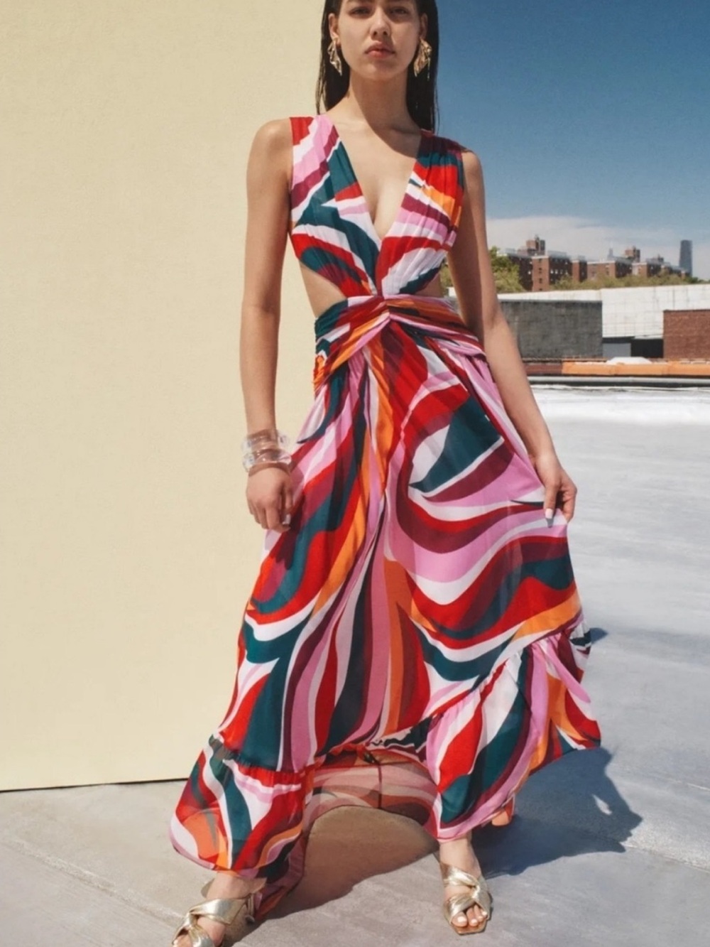 PatBO Delos Multi-Color Swirl Maxi Dress with Twist Front